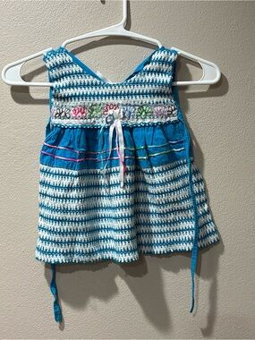 Blue & White Crochet-Style Baby Dress with Embroidered Detail
